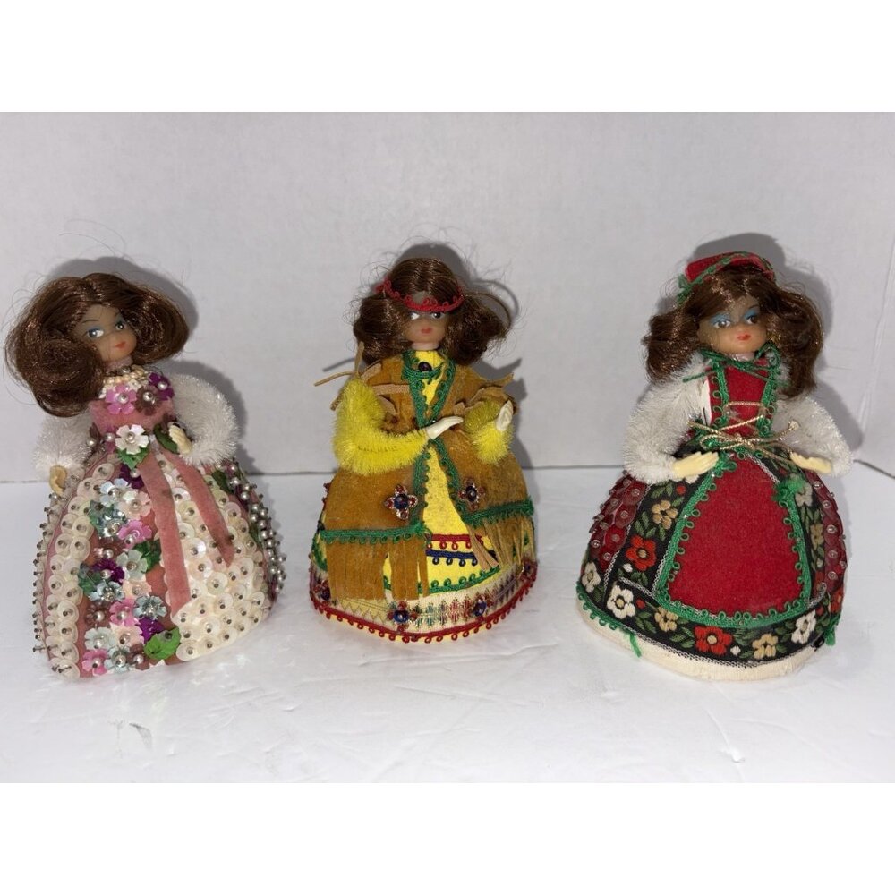 Vintage Lot Of Three Beaded Sequin Push Pin Dolls Hand Made 5 Inch